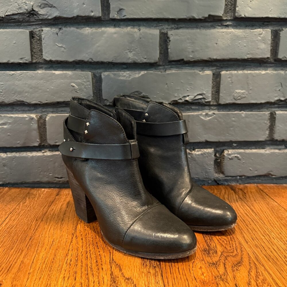 Rag & Bone Black Leather Harrow Ankle Strap Stacked Heel Boots Booties 39